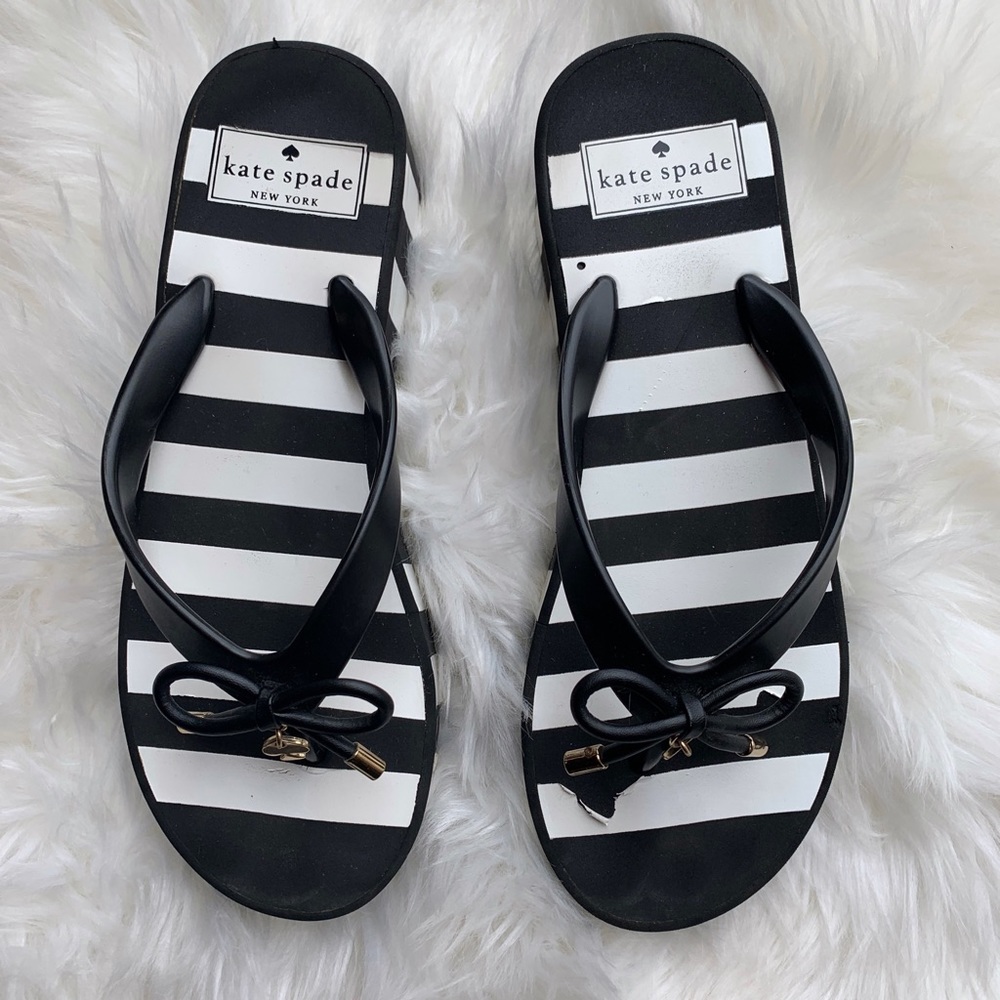 Kate Spade Striped Bow Wedge Flip Flops - Picture 1 of 8